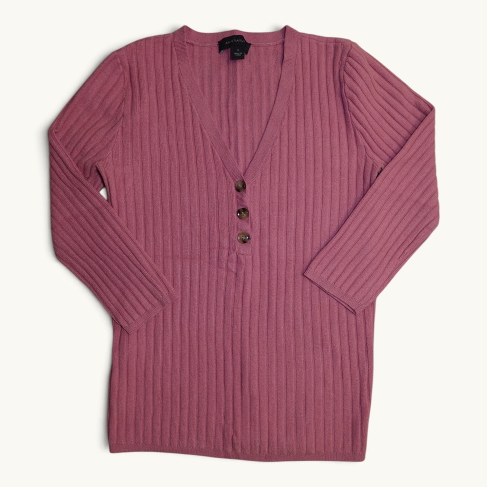 Ann‎ Taylor Dusty Rose Ribbed V-Neck Henley Sweater Size S